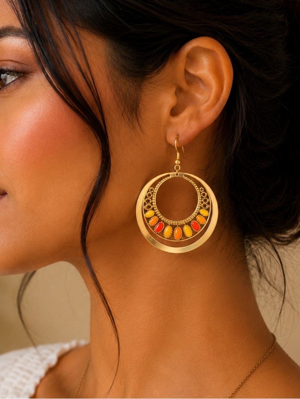 NWT LUX Accessories Gold Boho Statement Hoop Earrings Orange Yellow